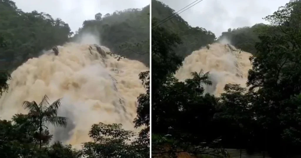 Cachoeira da Fumaça em Alegre impressiona com seu volume de água após fortes chuvas