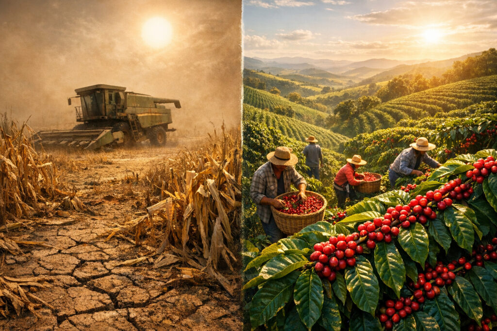 Agronegócio brasileiro enfrentará R$ 68 bilhões em perdas em 2026: milharal em crise, mas café se de